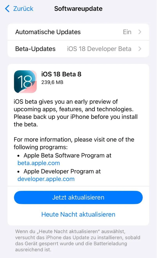 海北苹果手机维修分享苹果 iOS / iPadOS 18 开发者预览版 Beta 8 发布 